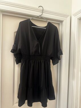 Amazon Black V-Neck Smocked Waist Mini Dress with Flutter Sleeves